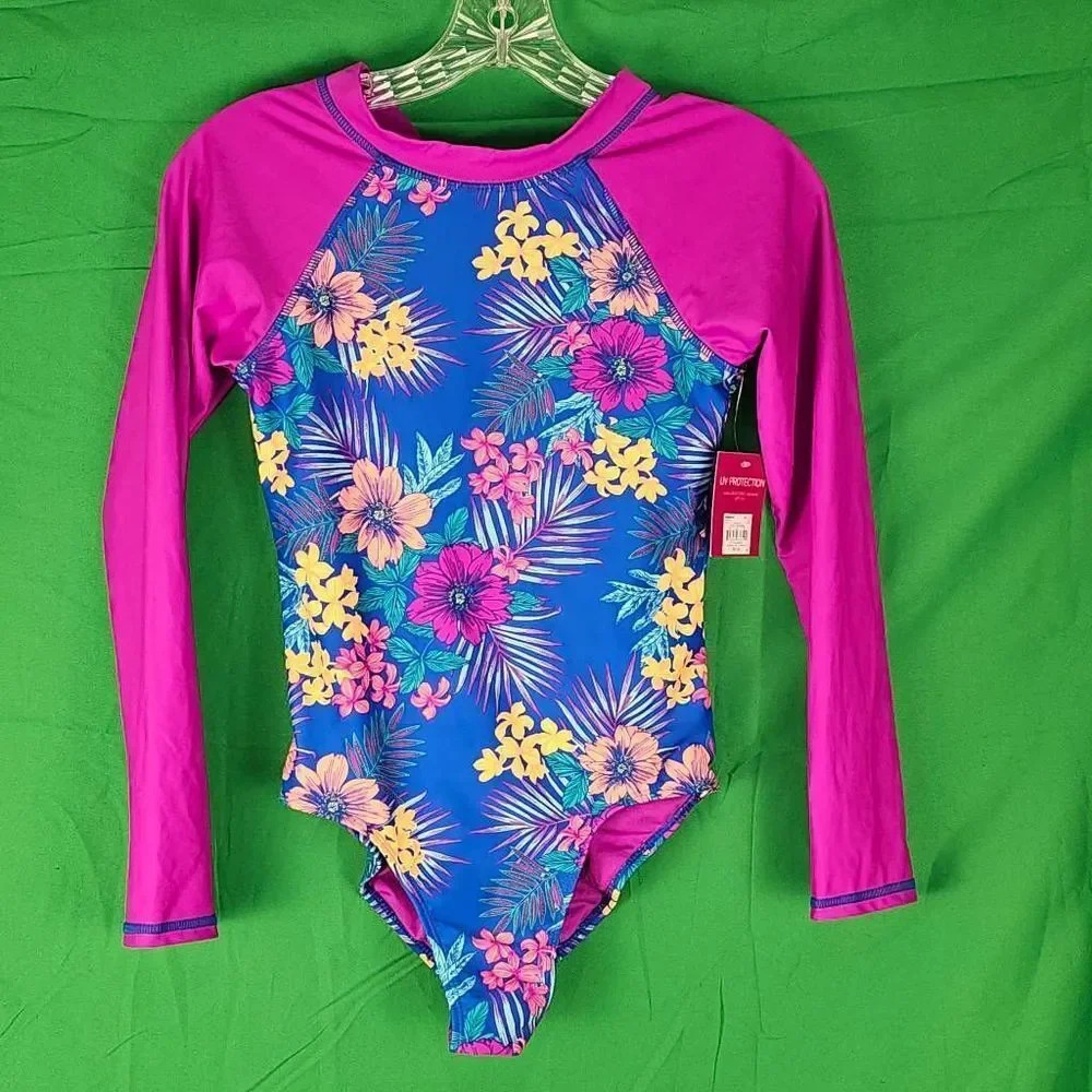 NWT So Girls Purple Blue Floral Long Sleeve Surf Island Rashie Swimsuit 14